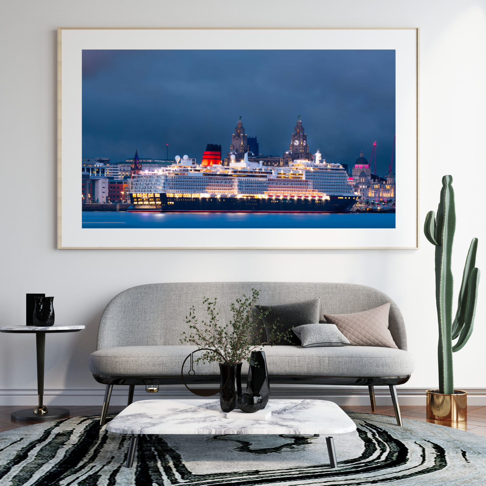 queen anne docked in liverpool with the stunning skyline