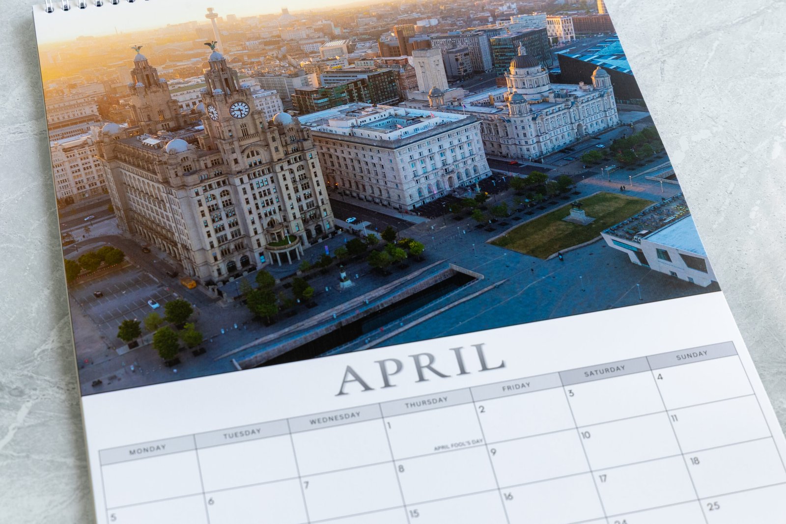 Close-up of a monthly layout inside the Liverpool 2027 calendar