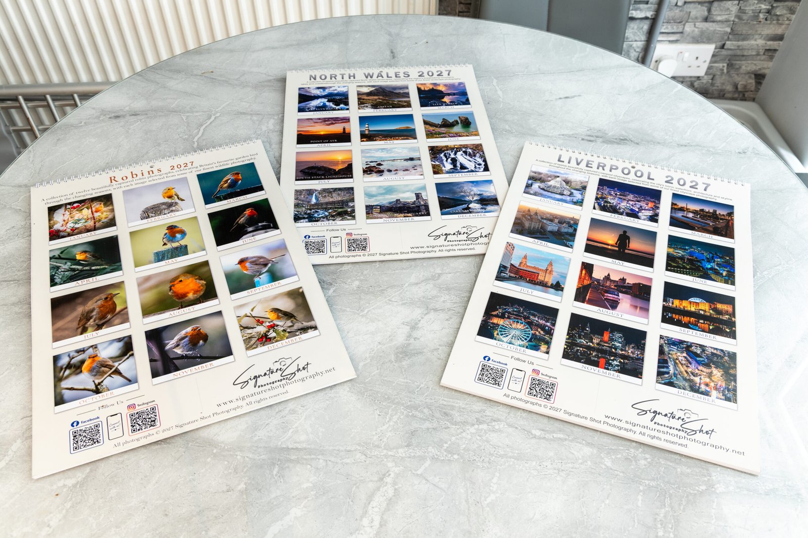 The back covers of the Robin, North Wales and Liverpool 2027 calendars